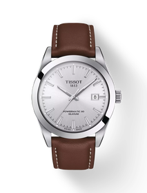 มุมมองด้านหน้าของนาฬิกา Tissot Gentleman Powermatic 80 Silicium พร้อมเงา