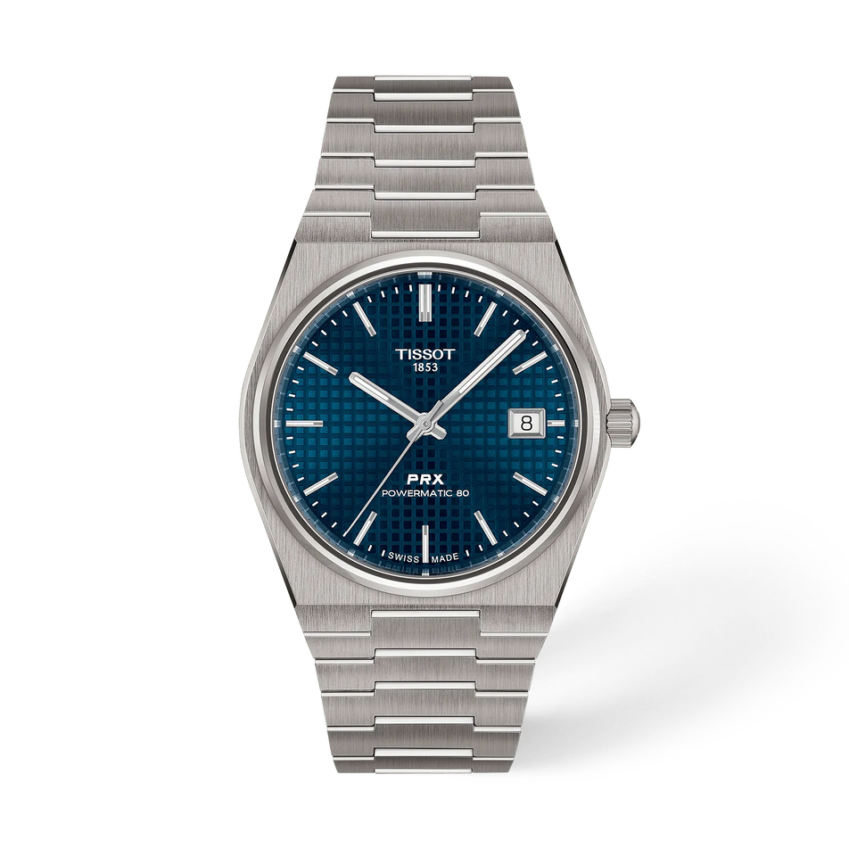 Vorderansicht der Uhr Tissot PRX Titan 38mm mit Schatten