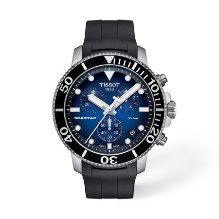 Front view of the watch Tissot Seastar 1000 45.5mm with shadow