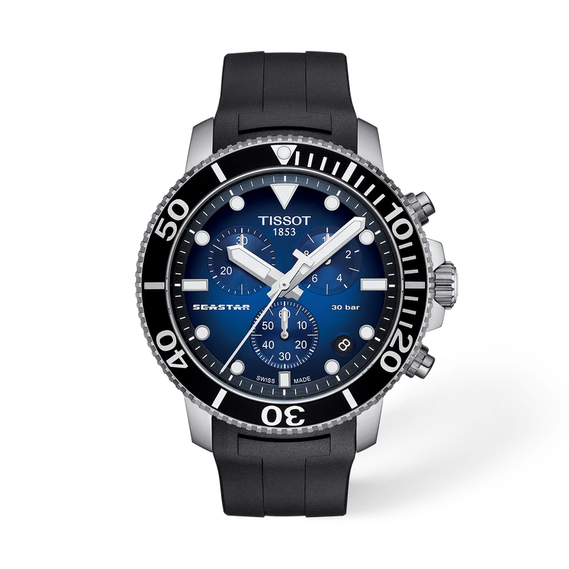 Front view of the watch Tissot Seastar 1000 45.5mm with shadow