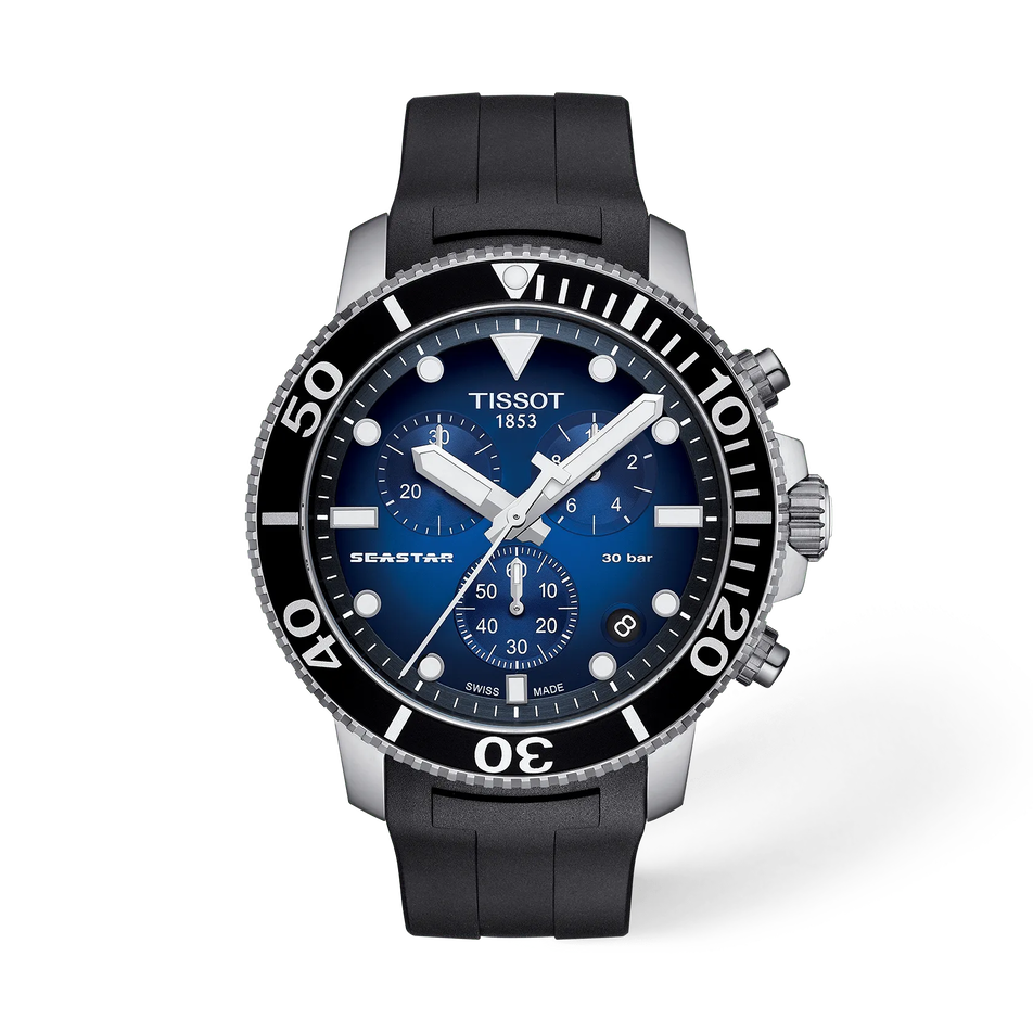 Front view of the watch Tissot Seastar 1000 45.5mm with shadow
