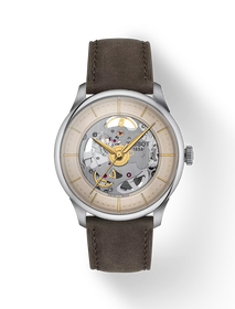 Front view of the watch Tissot Chemin Des Tourelles Skeleton 39mm with shadow