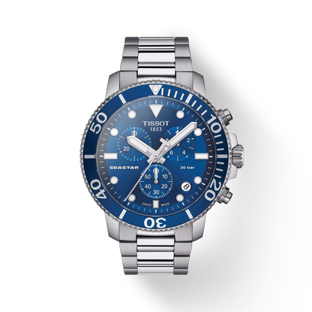 Vista frontal del reloj Tissot Seastar 1000 Chronograph con sombra