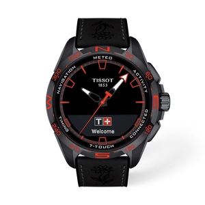 Vue de face de la montre Tissot T-Touch Connect Solar Swiss Edition 47.5mm avec ombre