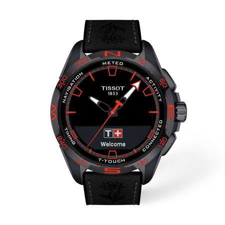 Vue de face de la montre Tissot T-Touch Connect Solar Swiss Edition 47.5mm avec ombre