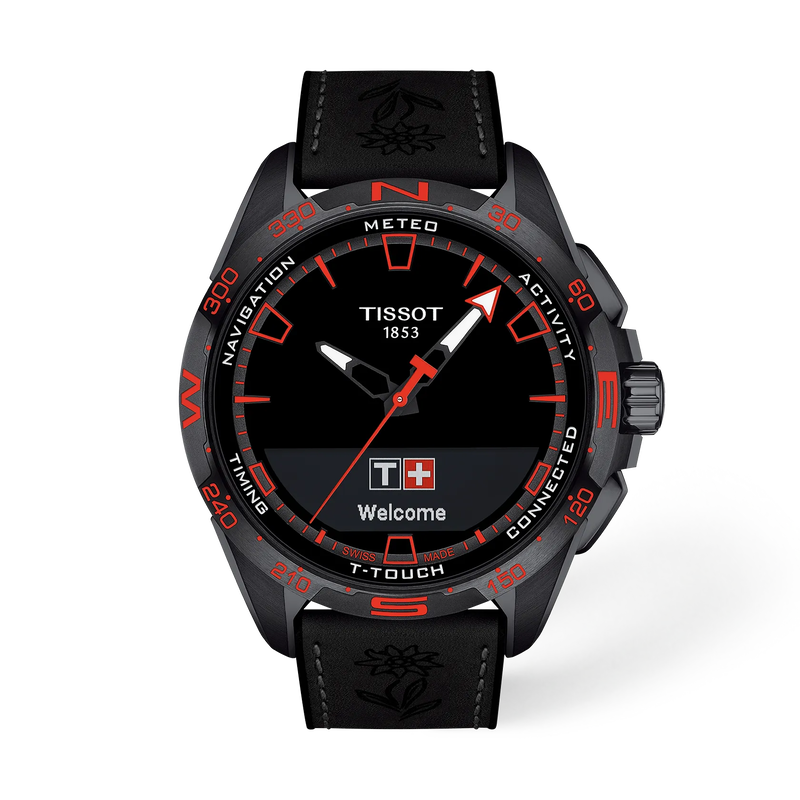 Vue de face de la montre Tissot T-Touch Connect Solar Swiss Edition 47.5mm avec ombre