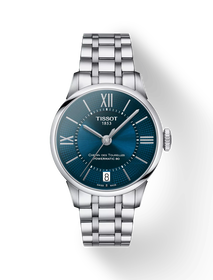 มุมมองด้านหน้าของนาฬิกา Tissot Chemin des Tourelles Powermatic 80 Lady พร้อมเงา