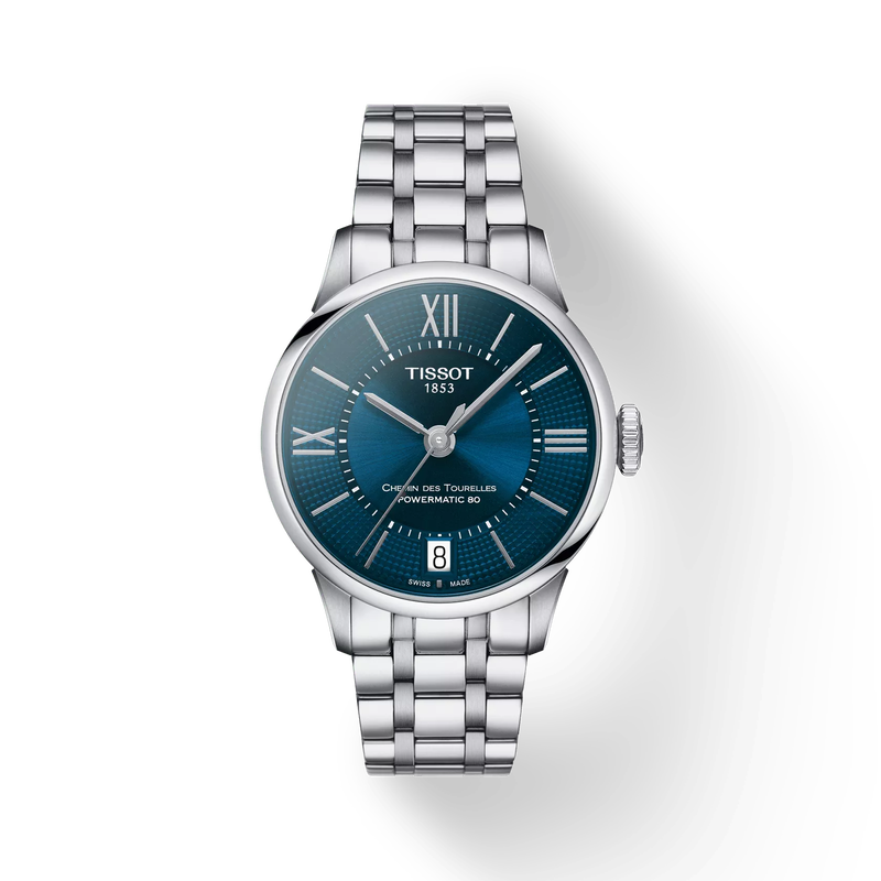 Vue de face de la montre Tissot Chemin des Tourelles Powermatic 80 Lady avec ombre