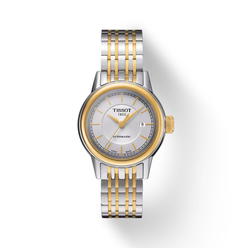 Front view of the watch Tissot Carson Automatic Lady with shadow