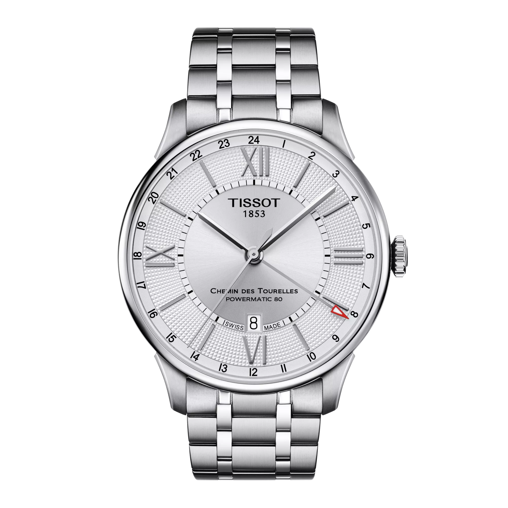 Front view of the watch Tissot Chemin des Tourelles Powermatic 80 GMT