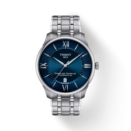 Front view of the watch Tissot Chemin Des Tourelles 42mm with shadow