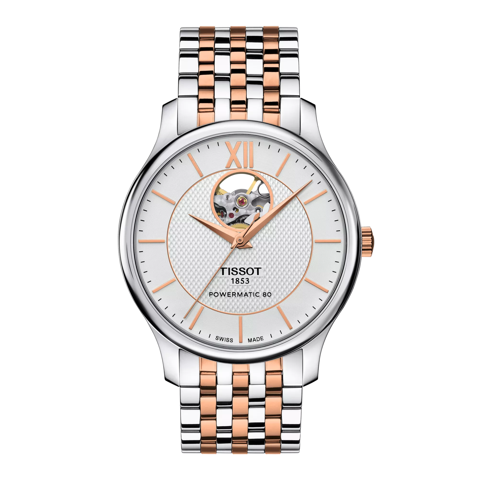 Front view of the watch Tissot Tradition Powermatic 80 Open Heart