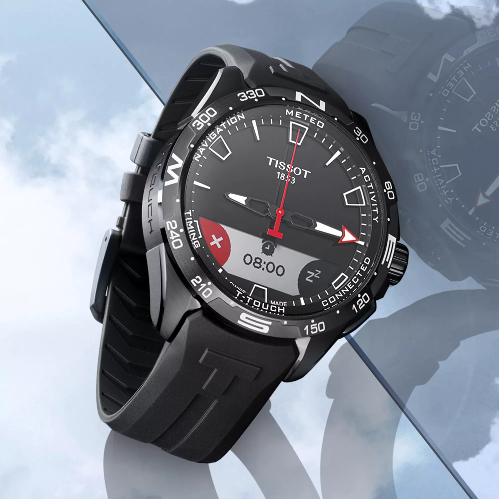 Tissot T-Touch Connect Solar 47.5mm watch on a colored background