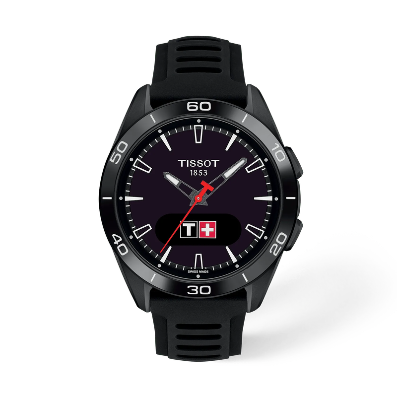 Vue de face de la montre Tissot T-Touch Connect Sport 43.75mm avec ombre