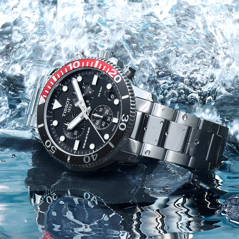 Tissot Seastar 1000 Chronograph watch on a colored background