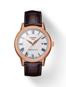 มุมมองด้านหน้าของนาฬิกา Tissot Carson Powermatic 80 พร้อมเงา