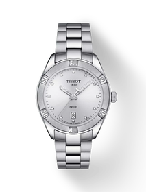 มุมมองด้านหน้าของนาฬิกา Tissot PR 100 Sport Chic พร้อมเงา