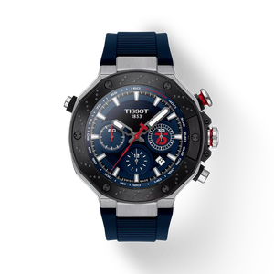 มุมมองด้านหน้าของนาฬิกา Tissot T-Race MotoGP Chronograph 2024 Limited Edition พร้อมเงา