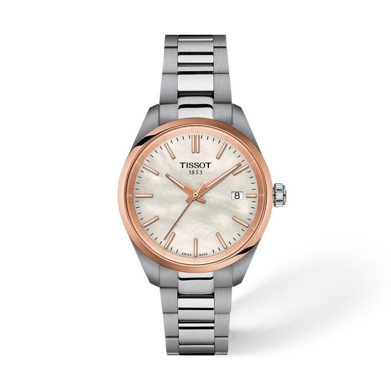 Front view of the watch Tissot PR 100 34mm with shadow