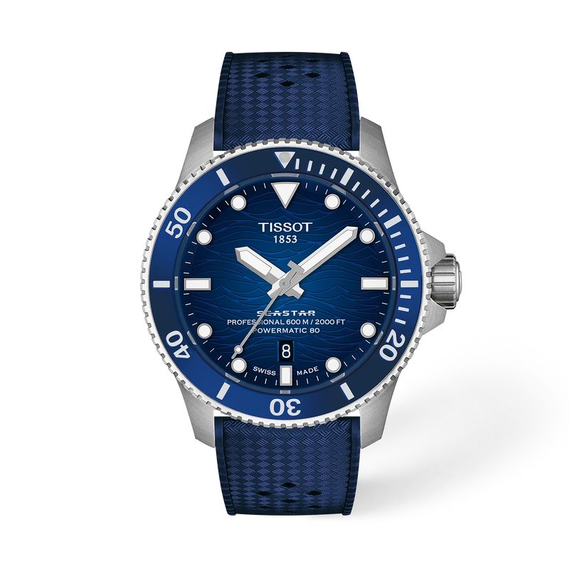 Vue de face de la montre Tissot Seastar 2000 44mm avec ombre