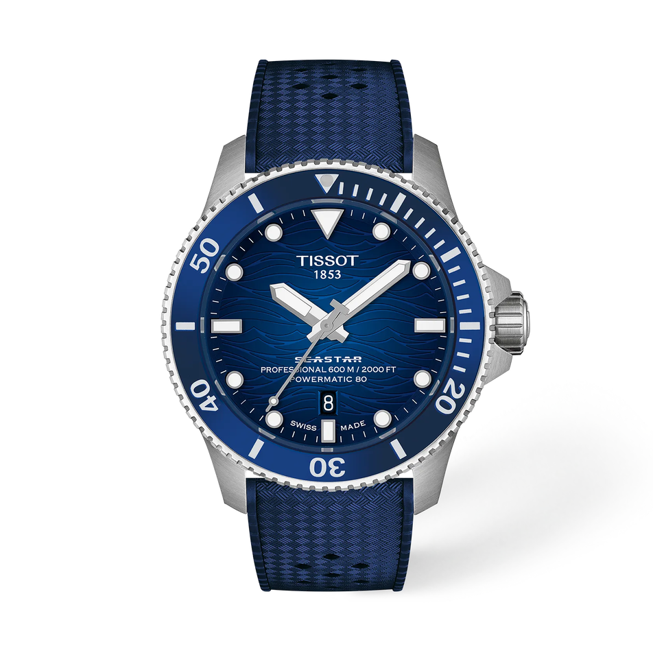 Vorderansicht der Uhr Tissot Seastar 2000 44mm mit Schatten