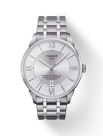 Front view of the watch Tissot Chemin des Tourelles Powermatic 80 COSC with shadow