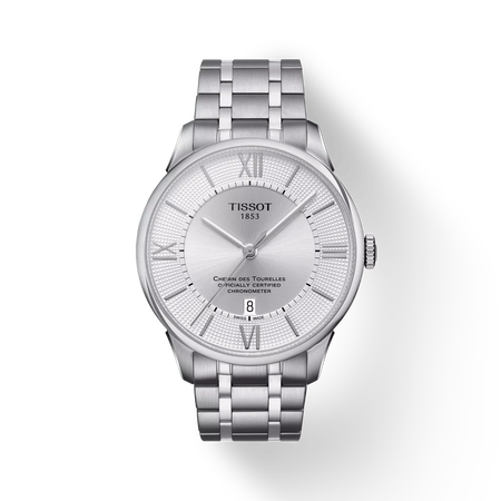 Front view of the watch Tissot Chemin des Tourelles Powermatic 80 COSC with shadow