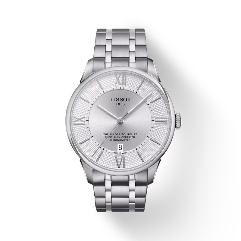 Front view of the watch Tissot Chemin des Tourelles Powermatic 80 COSC with shadow