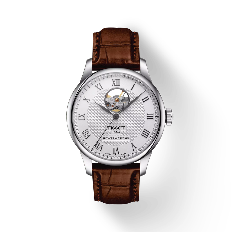 Vue de face de la montre Tissot Le Locle Open Heart 39.3mm avec ombre