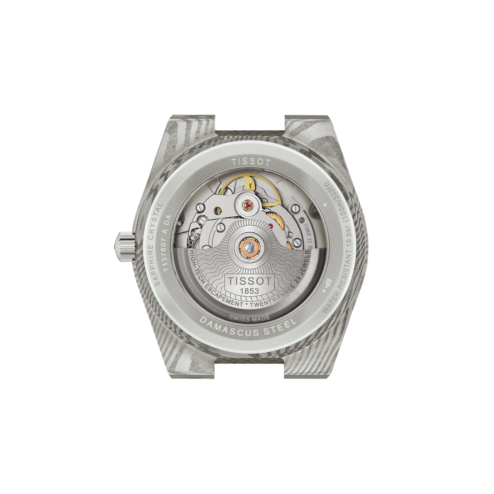 Vue arrière du boîtier de la montre Tissot PRX Acier Damas 38mm