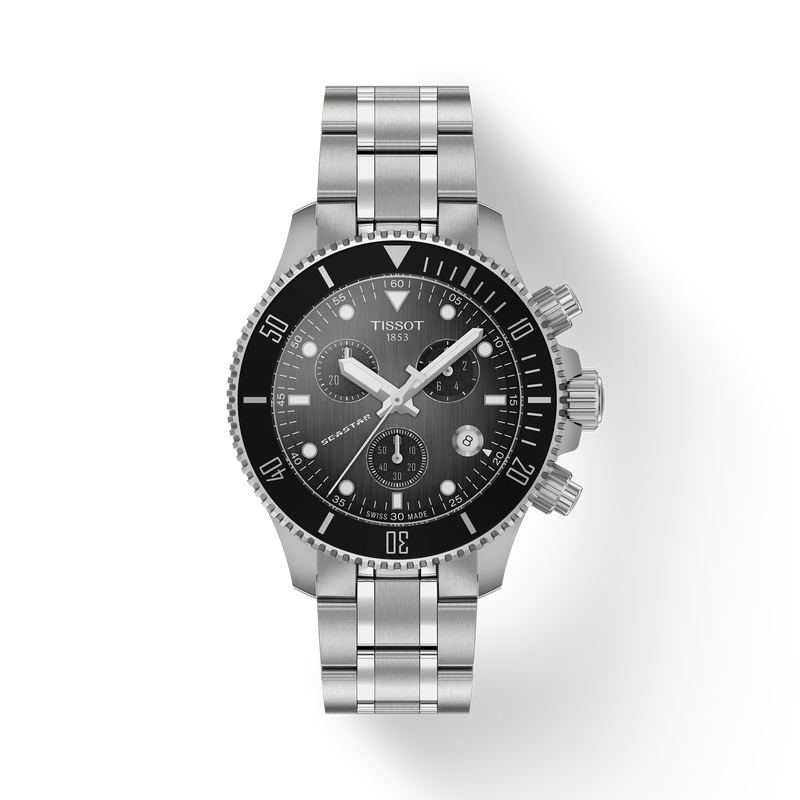 Front view of the watch Tissot Seastar 1000 38mm with shadow