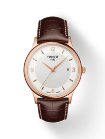 Vista frontal del reloj Tissot Rose Dream 18K Gold con sombra