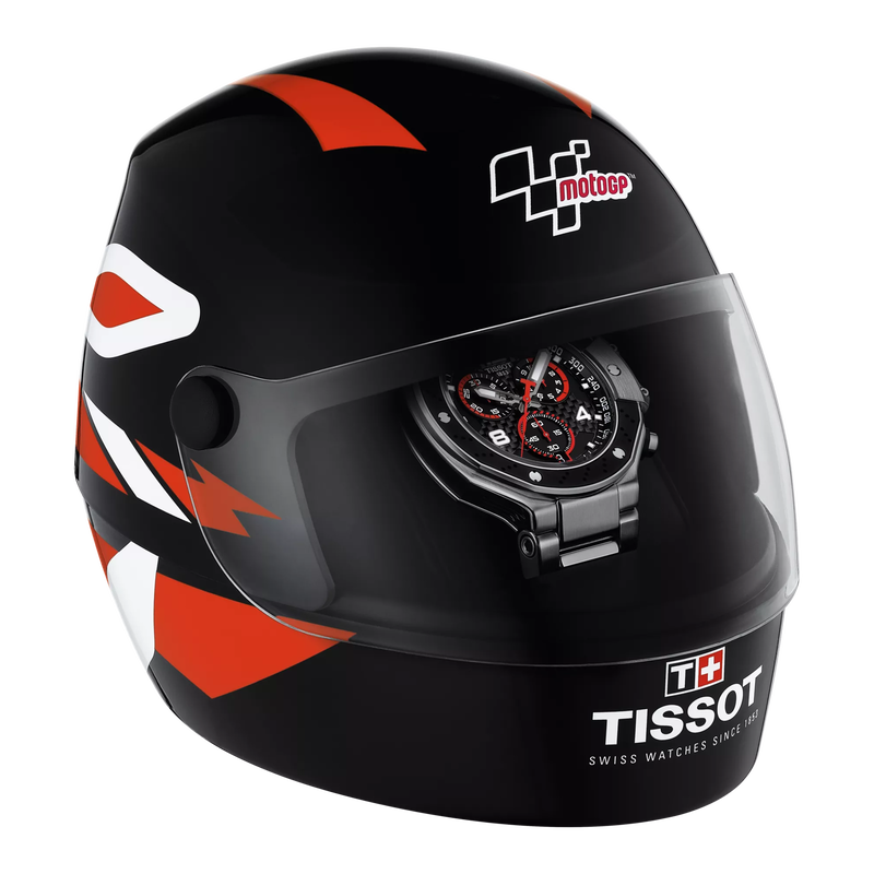 Front view of the watch Tissot T-Race MotoGP Chronograph 2022 Limited Edition with opened