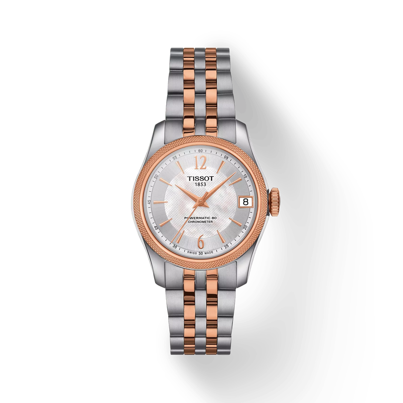 Front view of the watch Tissot Ballade Powermatic 80 COSC Lady with shadow
