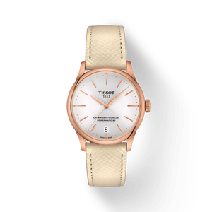 Vista frontal del reloj Tissot Chemin des Tourelles Powermatic 80 34 mm con sombra