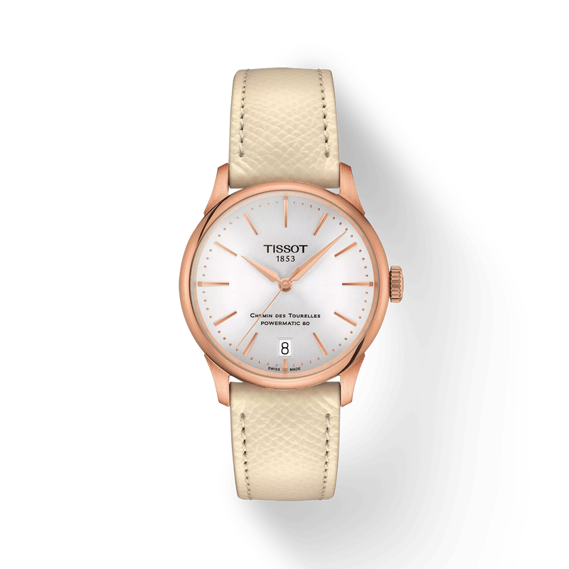 Front view of the watch Tissot Chemin des Tourelles Powermatic 80 34 mm with shadow