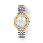 Vista frontal del reloj Tissot Glendora Gold 33mm con sombra