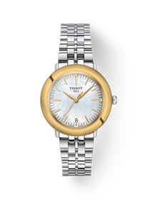 Front view of the watch Tissot Glendora Gold 33mm with shadow