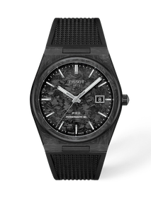 Front view of the watch Tissot PRX Carbon 40.5mm with shadow