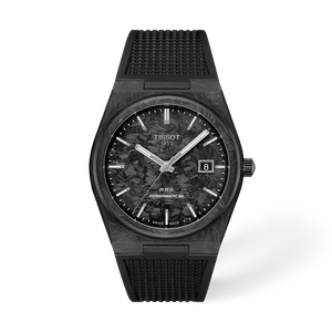 Front view of the watch Tissot PRX Carbon 40.5mm with shadow