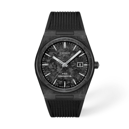 Front view of the watch Tissot PRX Carbon 40.5mm with shadow