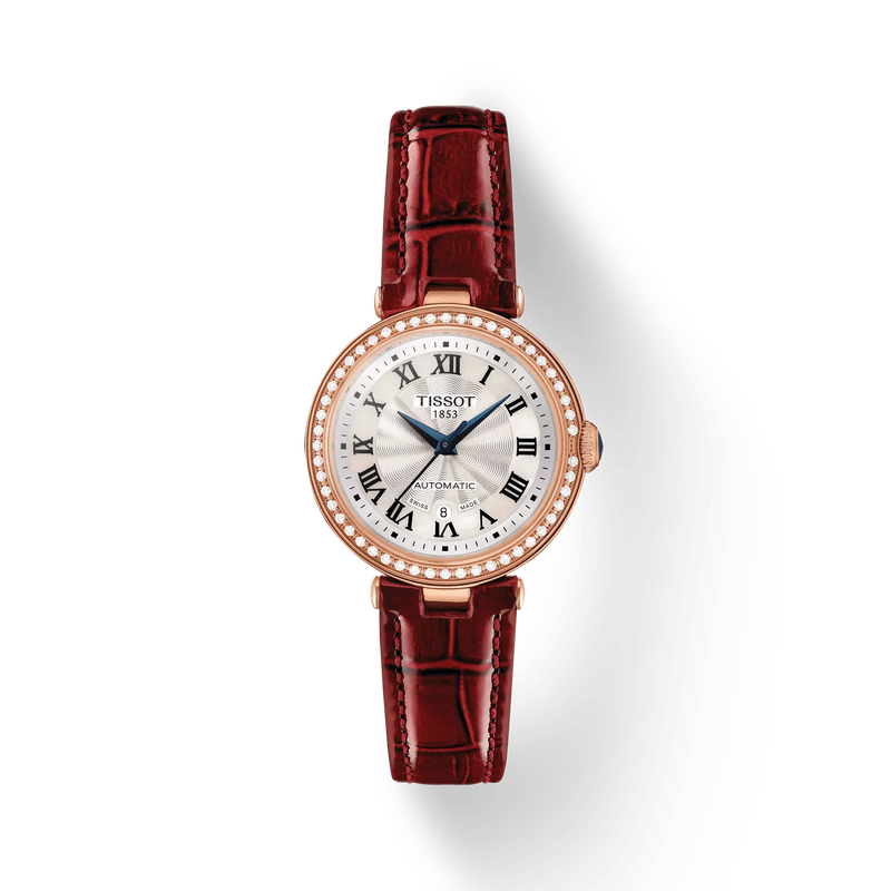 Front view of the watch Tissot Bellissima Automatic with shadow