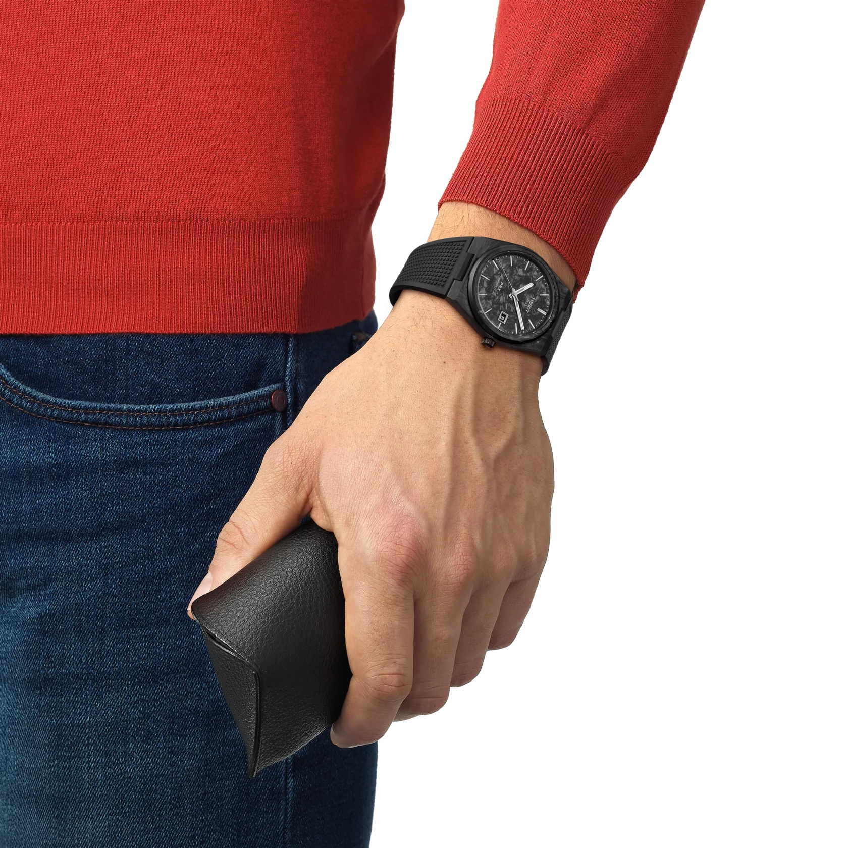 Simulation of the watch Tissot PRX Carbon 40.5mm on a wrist