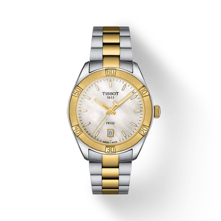 Front view of the watch Tissot PR 100 Sport Chic 36mm with shadow