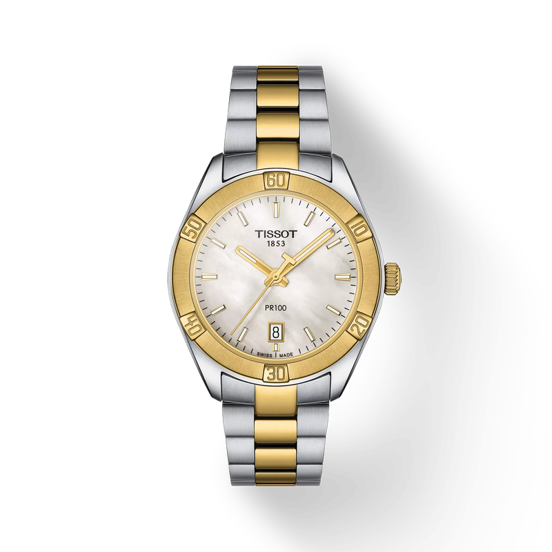 Front view of the watch Tissot PR 100 Sport Chic 36mm with shadow