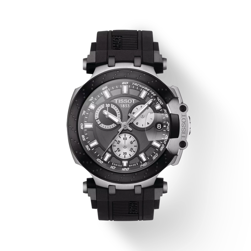 Vista frontal del reloj Tissot T-Race 43mm con sombra