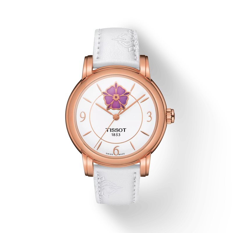 Front view of the watch Tissot Lady Heart Flower Powermatic 80 with shadow