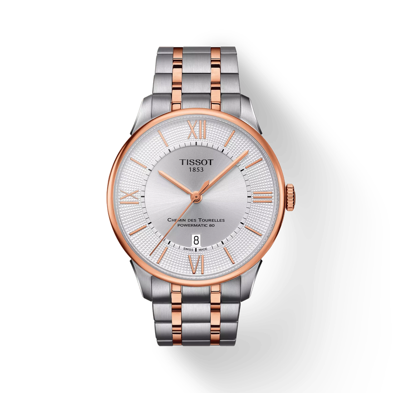 Front view of the watch Tissot Chemin des Tourelles Powermatic 80 with shadow