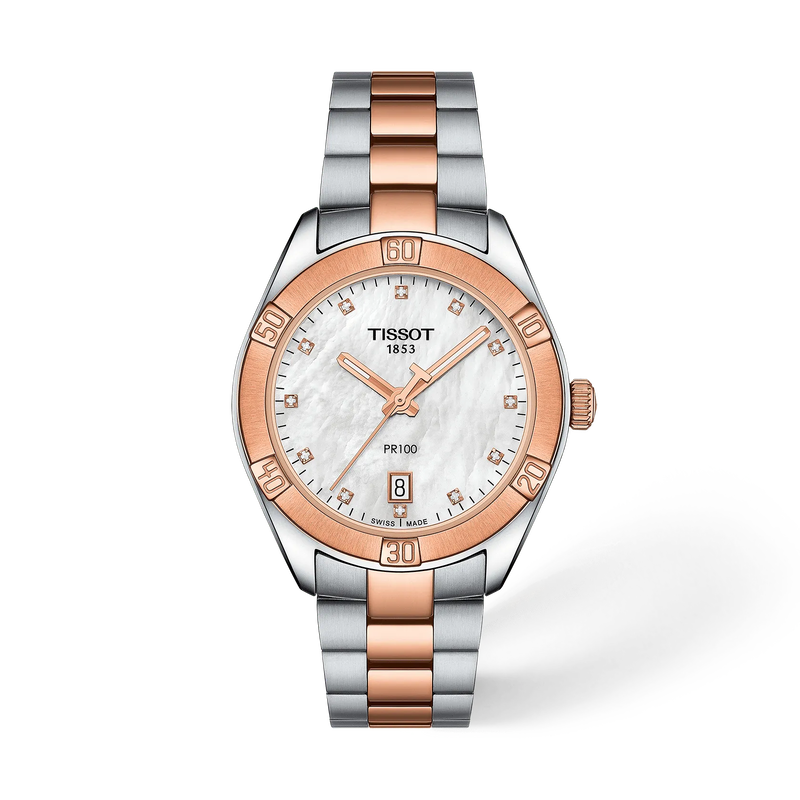 Vue de face de la montre Tissot PR 100 Sport Chic 36mm avec ombre