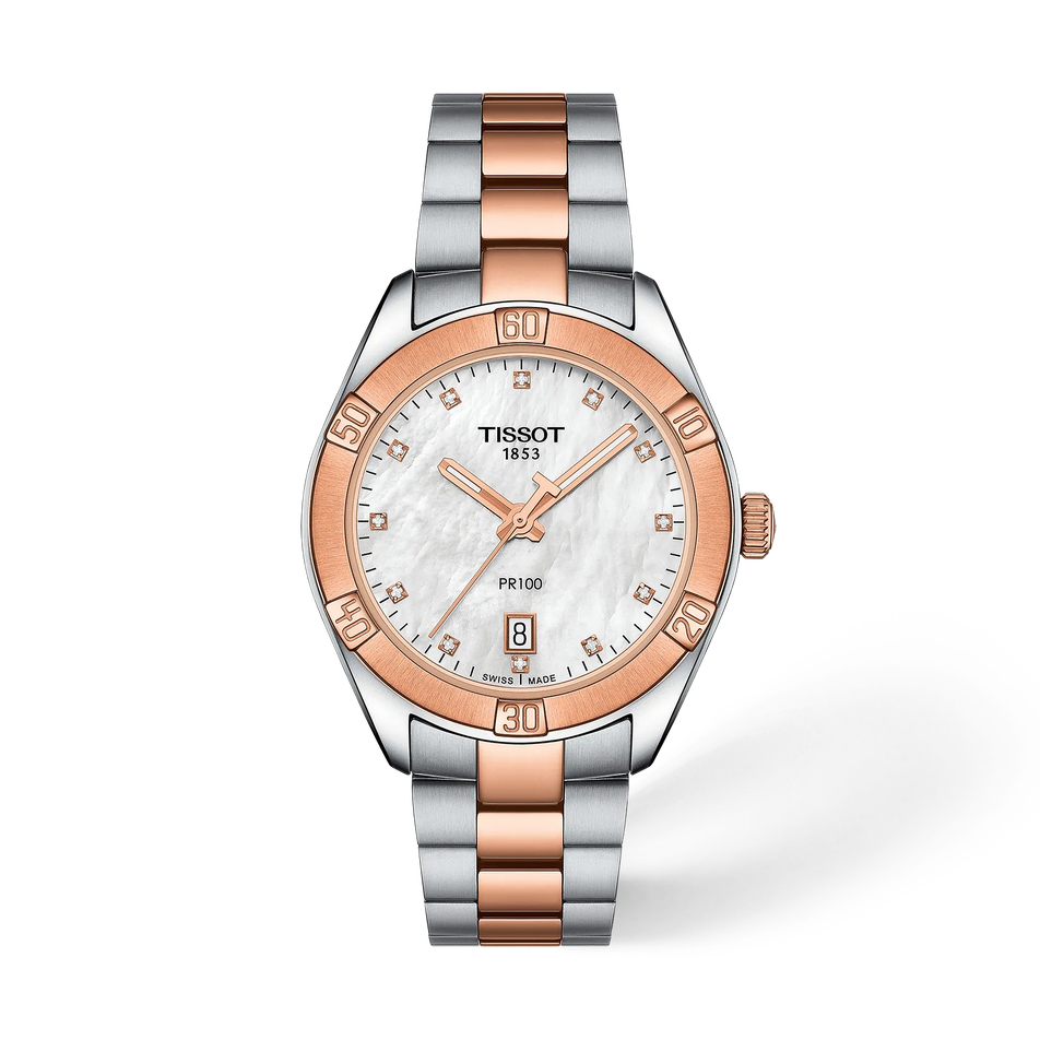 Front view of the watch Tissot PR 100 Sport Chic 36mm with shadow